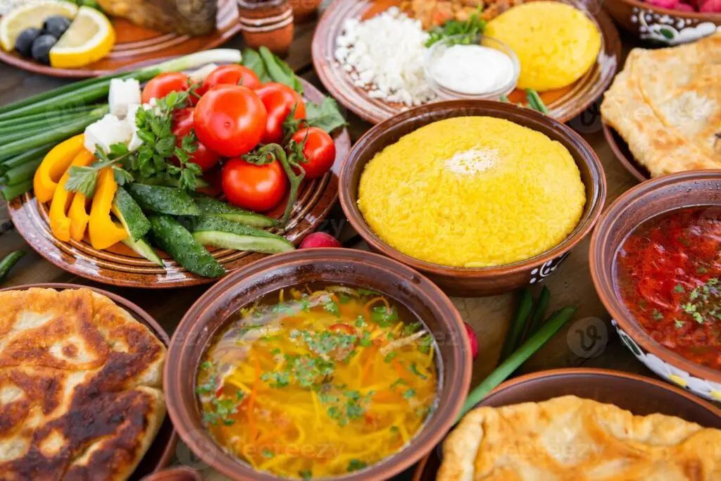 homemade-romanian-food-with-pies-polenta-borscht-vegetables-fish-meat-stew-cheese-and-wine-traditional-dishes-from-romania-and-the-republic